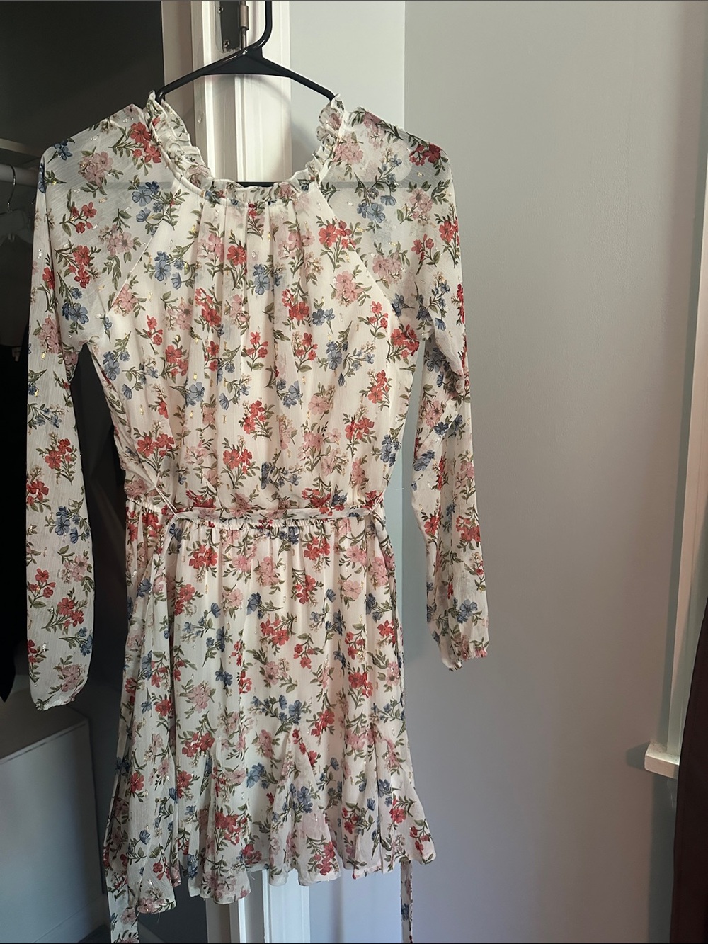 Francesca's Collections White Floral Ruffle Mini Dress with Red & Blue Blooms